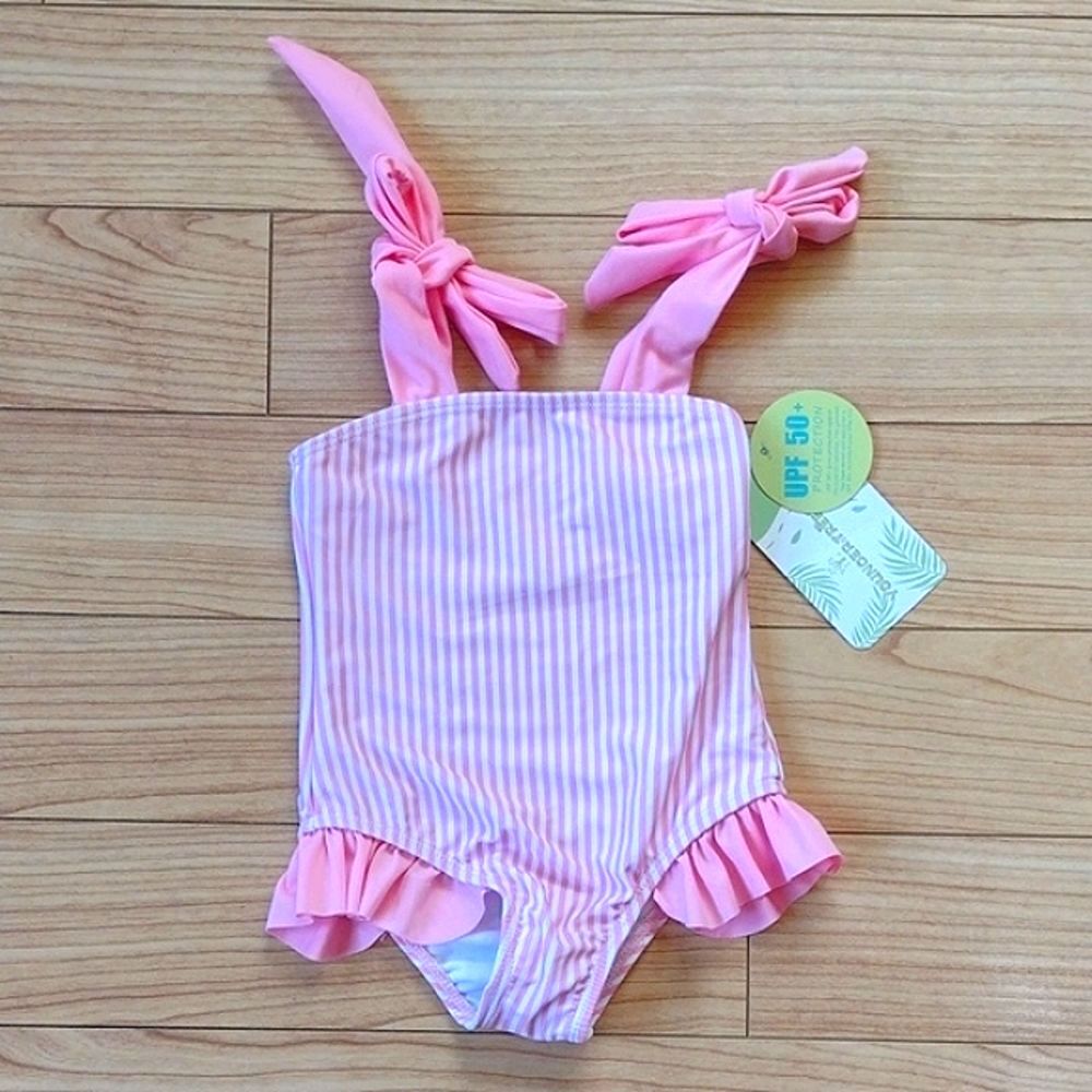 Younger Tree Pink and White Striped One Piece Swimsuit with Ruffles Size 9-12M